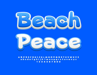 Vector travel flyer Beach Peace. White and Blue bright Font. Cute Creative Alphabet Letters and Numbers.