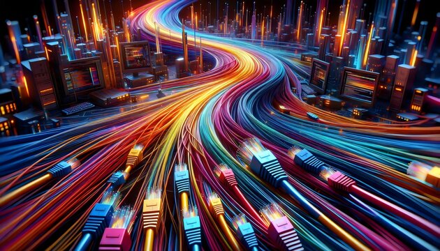 Abstract Art of Fiber Optic Cables with Glowing Lights