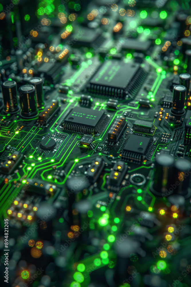 Poster abstract neon green digital blocks illuminating a dark circuit board, creating a high-tech, futurist