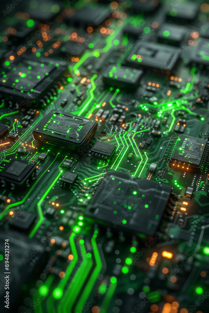 Poster abstract neon green digital blocks illuminating a dark circuit board, creating a high-tech, futurist