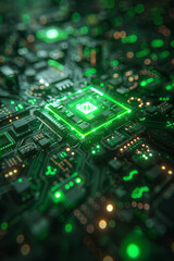 Abstract neon green digital blocks illuminating a dark circuit board, creating a high-tech, futuristic atmosphere,