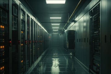 Dimly Lit Data Center with Server Racks