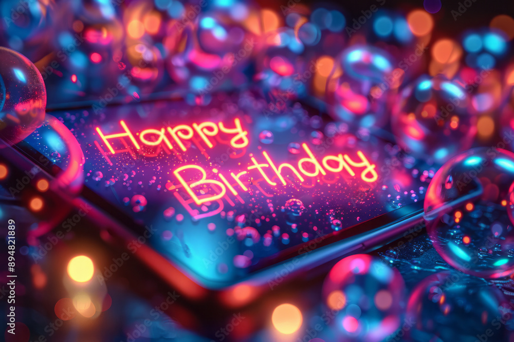 Poster an abstract image of a tablet with a glowing happy birthday message and minimalistic decorations aro