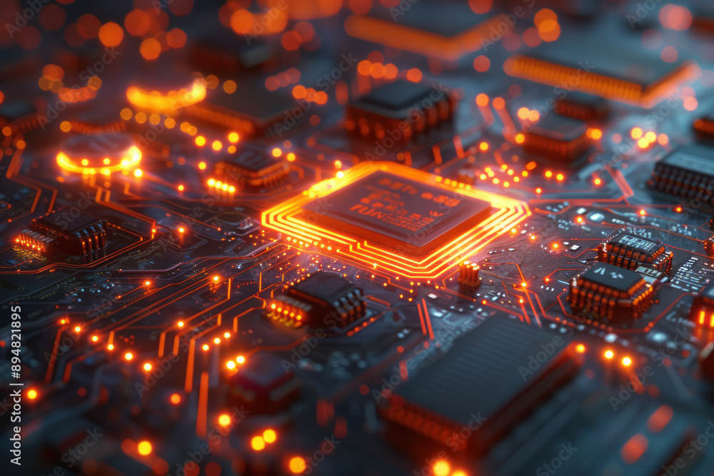 Poster neon cyan digital blocks seamlessly merging with a complex circuit board, highlighting a futuristic 