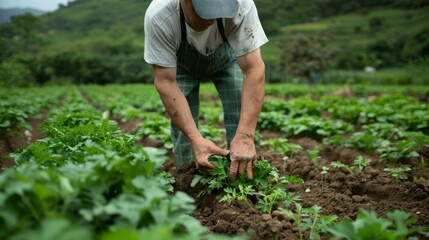 A farmer tending to crops in a lush green field, showcasing agricultural practices and the connection to nature.