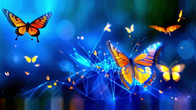 butterflies flying through digital landscape glowing wings in a magical nature scene colorful fantasy design futuristic visual effect bright neon blue background dreamlike artistic beauty