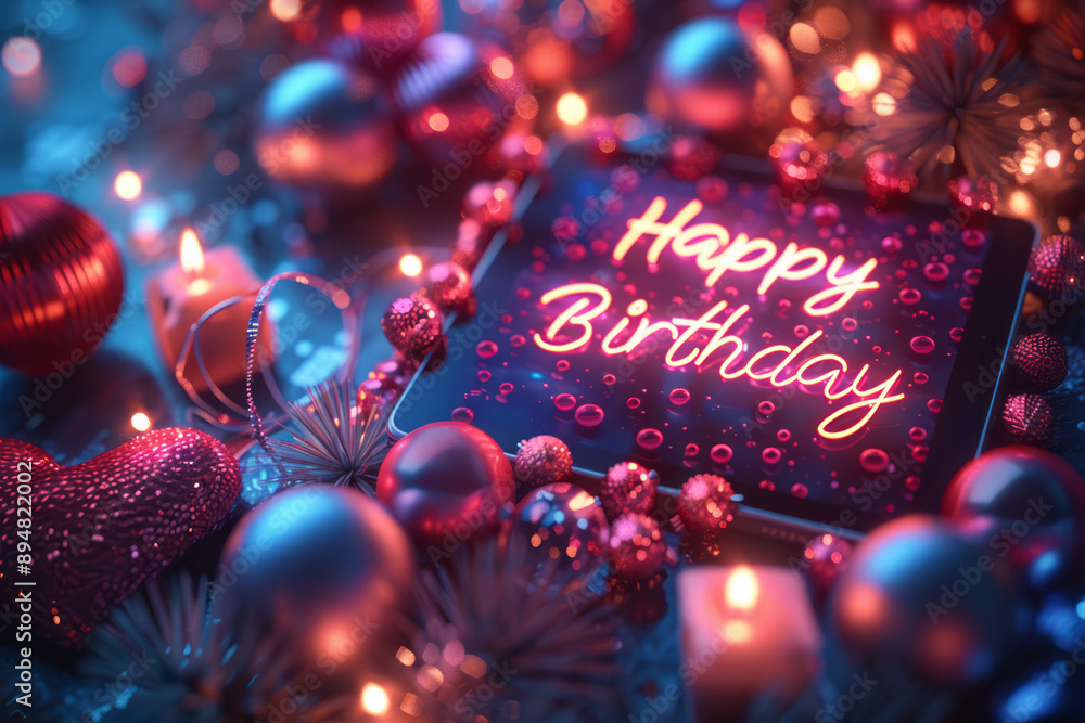 Poster an abstract image of a tablet with a glowing happy birthday message and minimalistic decorations aro