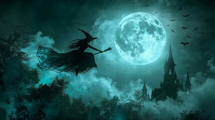 A silhouette of a young witch flying on a broomstick against the backdrop of a full moon, with a castle  below