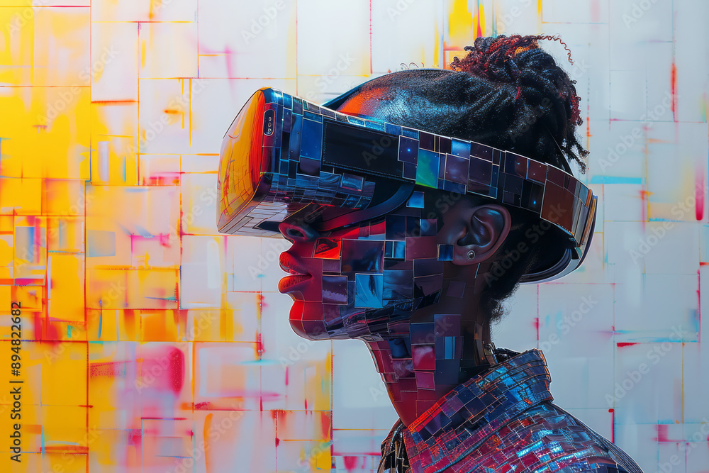 Poster an abstract representation of a person using a virtual reality headset to browse an online store,