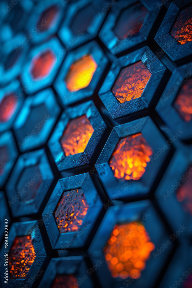 Poster minimalist dark hexagonal grid illuminated by alternating blue and orange lights, casting subtle ref