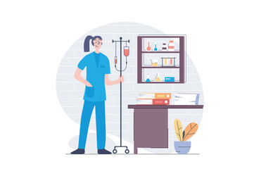 Medicine concept in modern flat design for web. Nurse with dropper helps patients in hospital wards, doing assistance, supports in intensive resuscitation, taking care in clinic. Vector illustration.