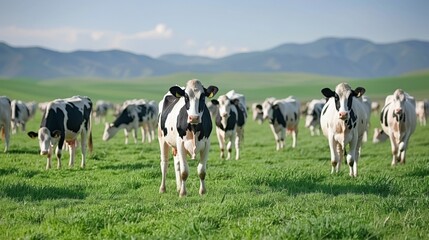 A herd of cows grazes peacefully in a lush green field, framed by distant rolling hills under a clear blue sky.