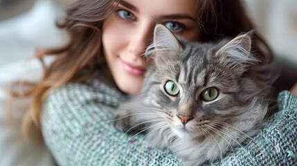 Fototapeta na wymiar A woman at home holding her lovely fluffy gray tabby kitten, exemplifying pets and lifestyle concepts