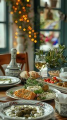 Fototapeta premium A beautifully arranged table showcasing a variety of gourmet dishes, perfect for a cozy gathering or special occasion.