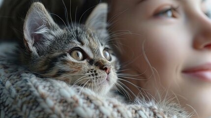 A woman at home holding her lovely fluffy gray tabby kitten, exemplifying pets and lifestyle concepts