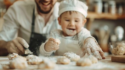 A joyful moment between a father and his child while baking cookies together, showcasing love and creativity in the kitchen.