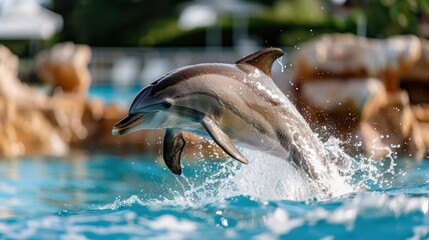 Fototapeta premium Photograph captures a dynamic dolphin just above the water's surface amid a splash of blue waves, emphasizing its energetic and spirited nature within an aquatic locale.