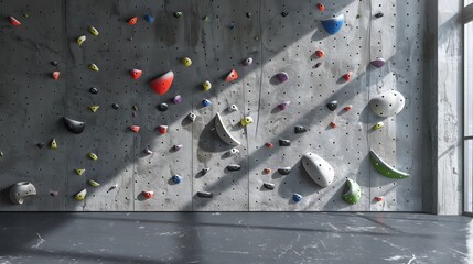Grey wall with climbing holds in gym.