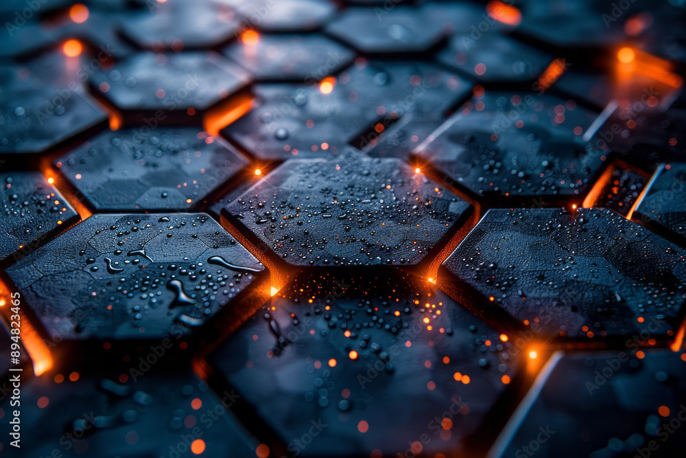 Poster dark hexagonal grid pattern with neon blue and orange light reflections, creating a striking, high-t