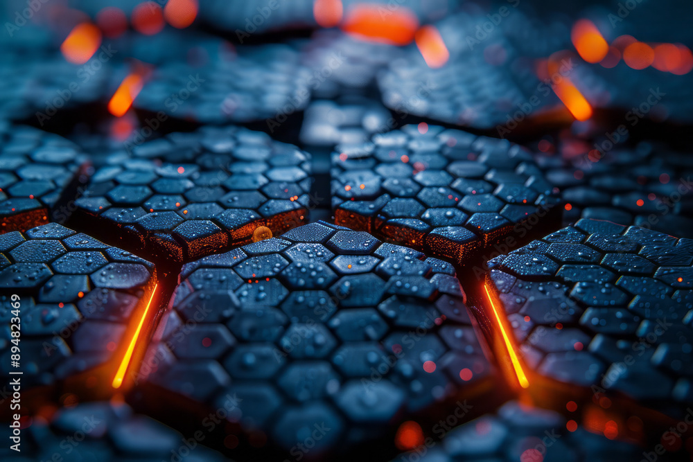 Aufkleber dark hexagonal grid pattern with neon blue and orange light reflections, creating a striking, high-t
