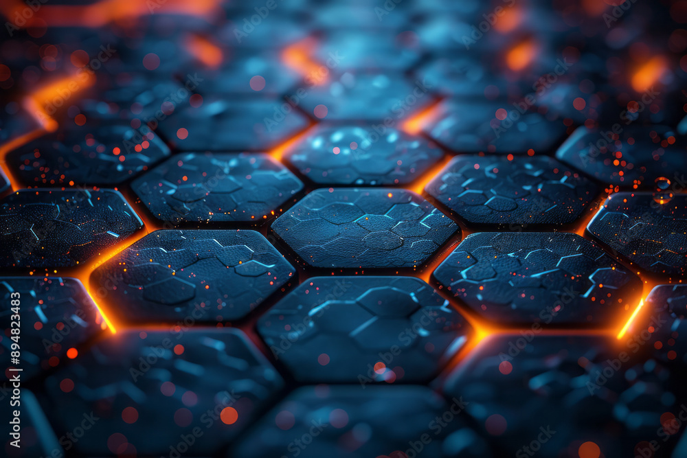 Poster dark hexagonal grid pattern with neon blue and orange light reflections, creating a striking, high-t