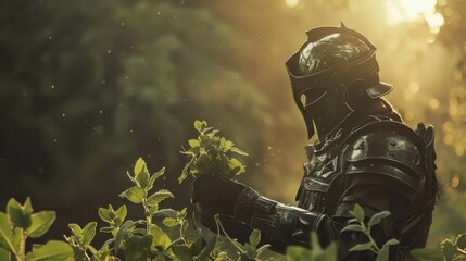 Fototapeta premium A knight in armor gently examines plants under a soft golden light, blending nature with medieval strength in a tranquil setting.