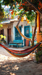 Colorful hammock outside beach house
