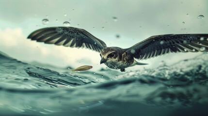 Close-up of a swift diving towards the water's surface to catch fish, wings outstretched.