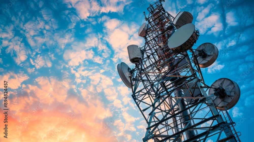Poster close-up of a wireless communication tower with signal transmitters and receivers.