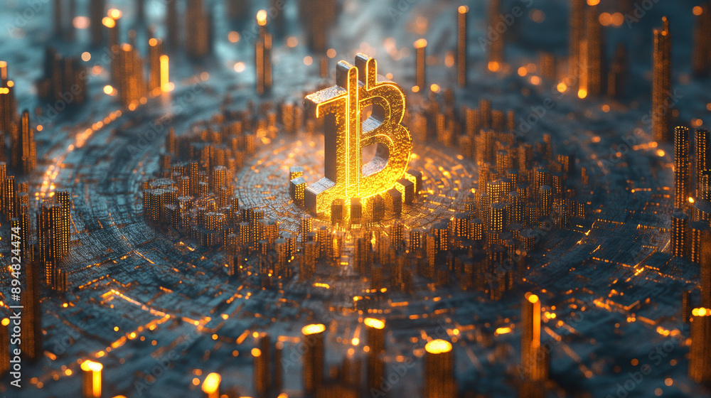 Poster a three-dimensional representation of the bitcoin symbol, which is prominently displayed in the cent