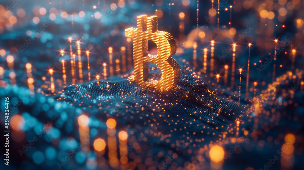 Poster a three-dimensional representation of the bitcoin symbol, which is prominently displayed in the cent