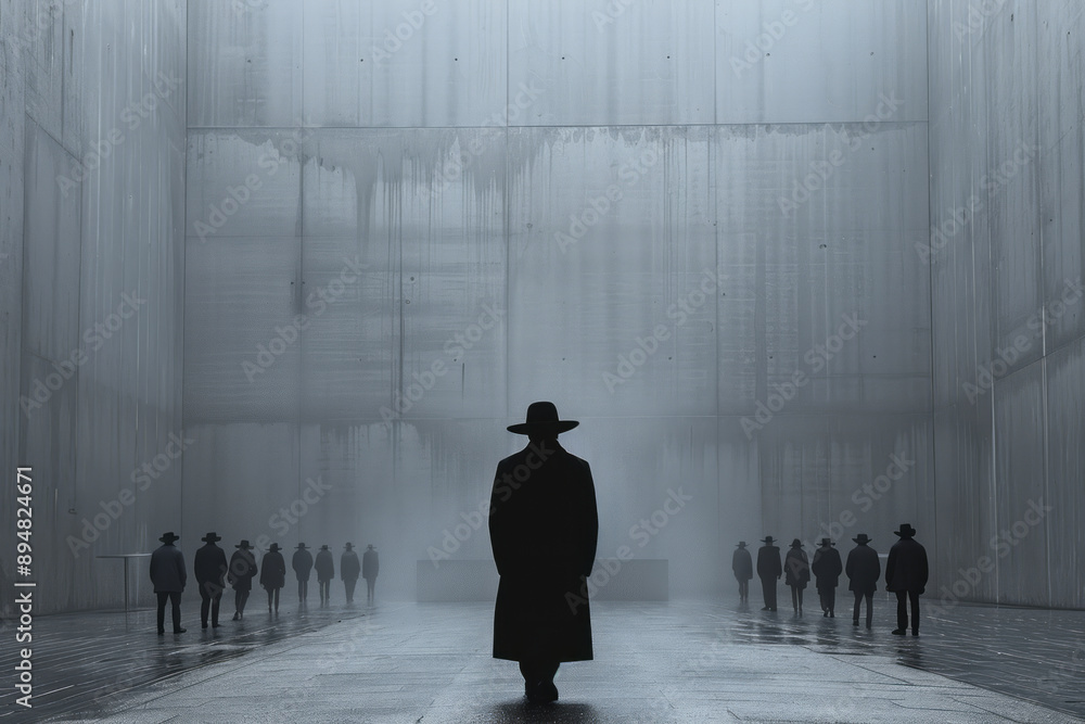 Poster a minimalist image of a man with an oversized hat, casting a shadow over a series of smaller, identi