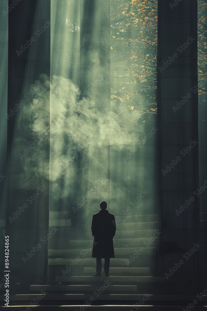 Poster a minimalist image of a man standing on a series of stacked books, each book representing a level of