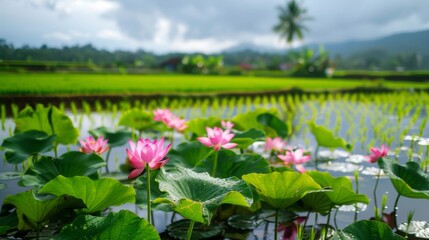 Close-up of blooming lotus flowers among green rice plants in a traditional flooded field.