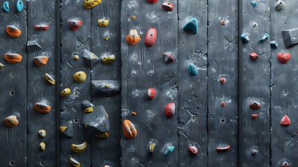 Grey wall with climbing holds in gym.