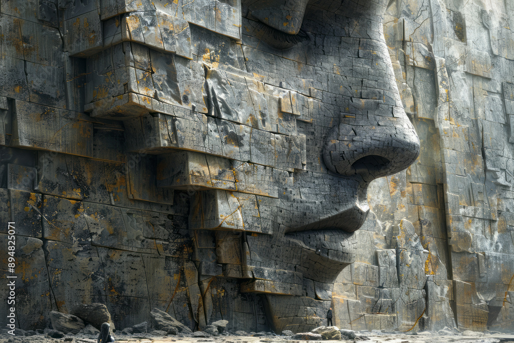 Poster an abstract depiction of a man's face, with his features blending into a rigid, hierarchical structu