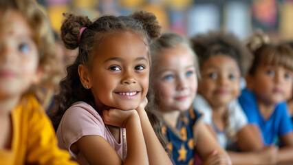 Fototapeta premium A cheerful young girl actively engaged in classroom activities, with her friends visible in the blurry backdrop. For student interaction concepts.