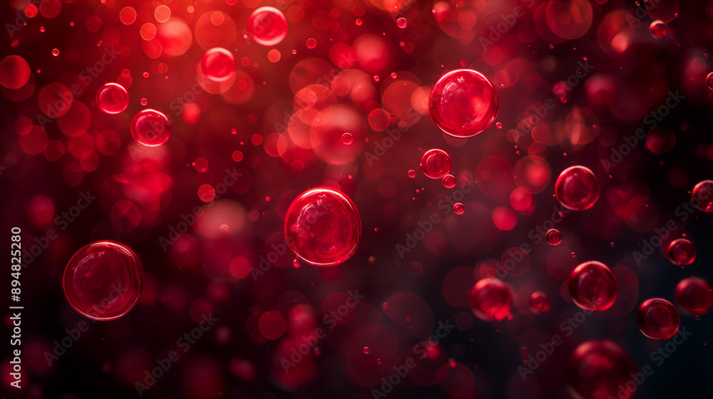 Poster vibrant and dynamic collection of red circular objects, resembling bubbles or droplets, suspended in