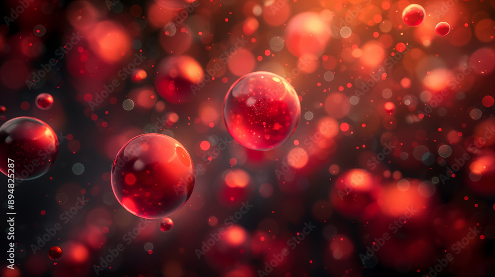 Poster vibrant and dynamic collection of red circular objects, resembling bubbles or droplets, suspended in