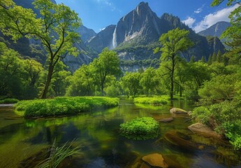 A tranquil scene of Bridalveil Fall flowing into a lush valley in Yosemite