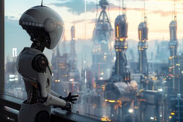 AI Robot Observing Futuristic Cityscape at Dusk