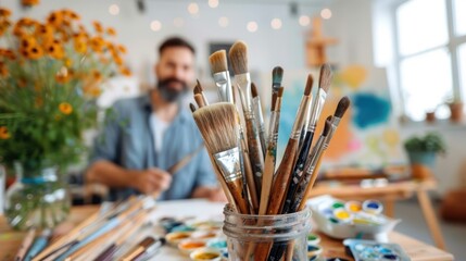 Fototapeta premium A jar of used paintbrushes is featured prominently in the foreground, with an artist blurred in the background, working on painting in an art studio loaded with vibrant colors.