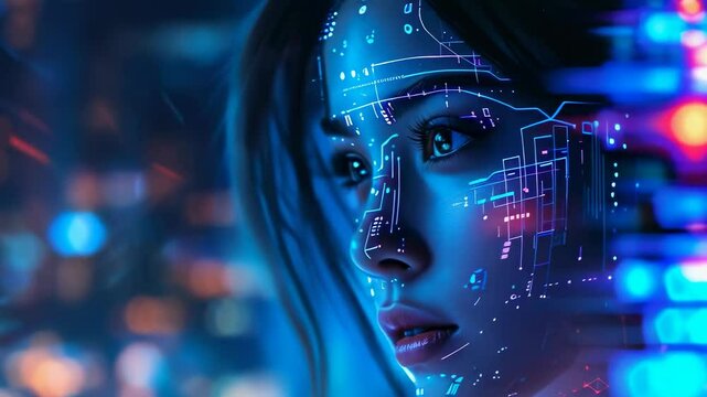 Young Asian woman with midnight hair and digital face mapping, gazes into the distance amidst a futuristic cityscape with neon lights. The setting suggests a sci-fi or cyberpunk theme, rich with
