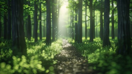 Fototapeta premium A serene forest scene illuminated by sunlight, showcasing lush greenery and a peaceful pathway inviting exploration.