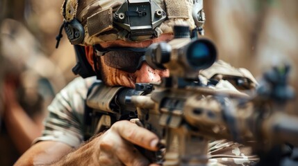 Fototapeta premium A dedicated soldier in tactical gear and camouflage intently aiming his rifle with focus and precision during what appears to be an outdoor combat or training scenario.