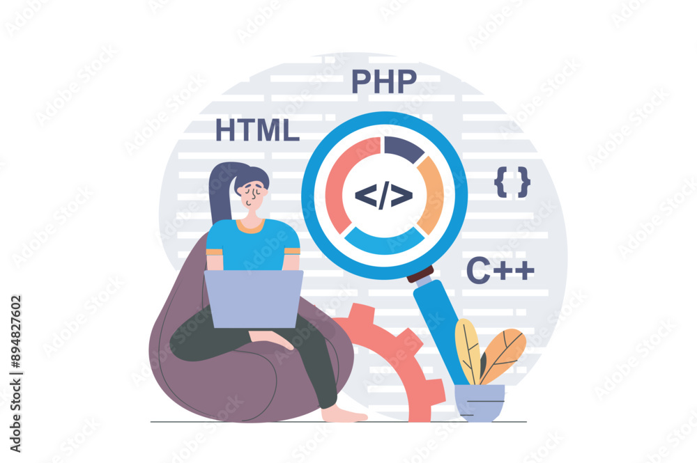 Fototapete Programmers concept in modern flat design for web. Woman developer working with program code and making research at laptop, improving new products and finding best solutions. Vector illustration.