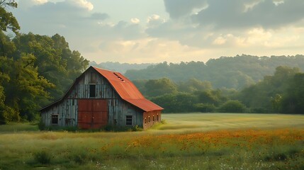 Fototapeta premium A photo of an old rustic barn in a field, 
