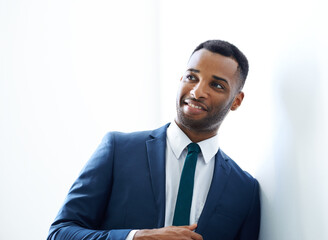 Black businessman, wall or thinking in office with smile, option and investment banking career choice. Ideas, proud broker and African banker in corporate institution with style, plan and decision