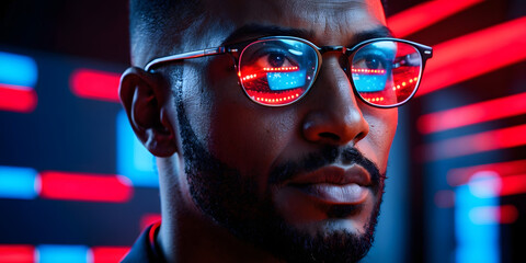 AI cyber security threat analyst illustration, black african american IT specialist, artificial intelligence technology collage. data analytics, digital technology and night overlay. Research