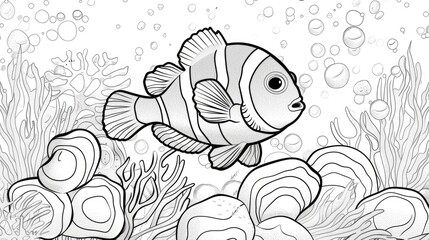 Clown fish under the sea, cartoon lines, white background with coral as an element used for coloring. Generative Ai